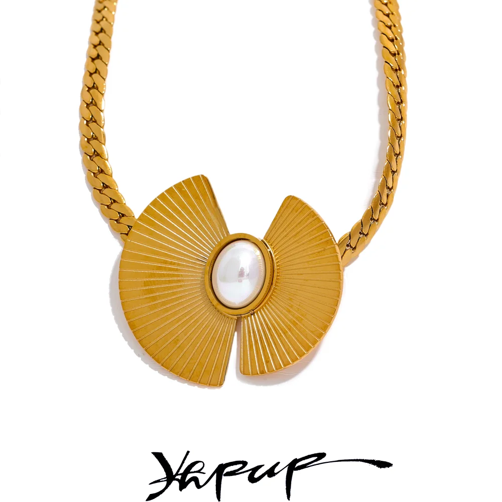 Yhpup 316l Stainless Steel Imitation Pearl Fan Pendant Collar Necklace 18K PVD Plated Fashion Statement Jewelry Women Gift