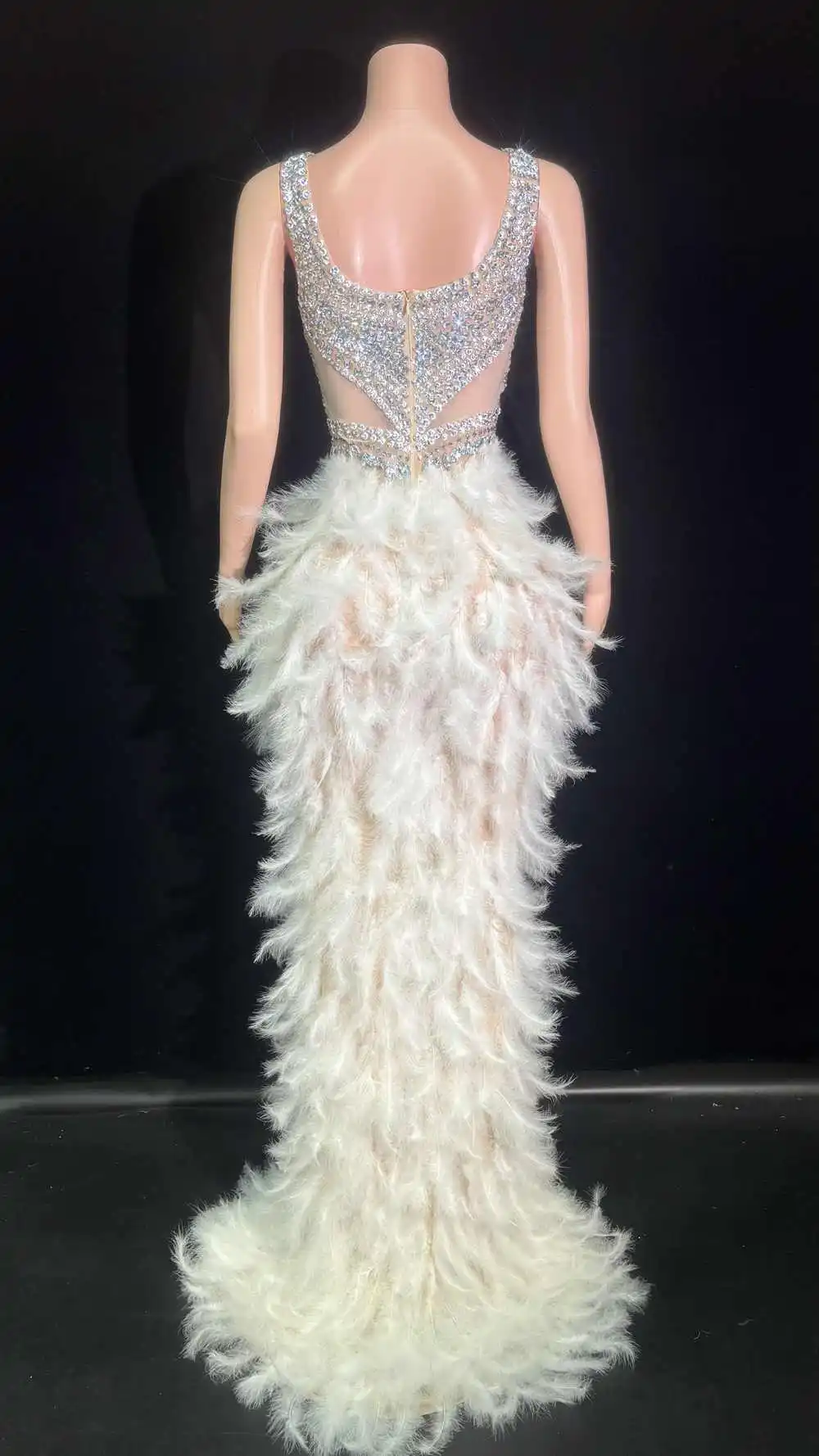 Sparkly Rhinestones Feathers Long Tail Dress for Women Sexy Transparent Evening Event Celebrate Birthday Dress Stage Wear