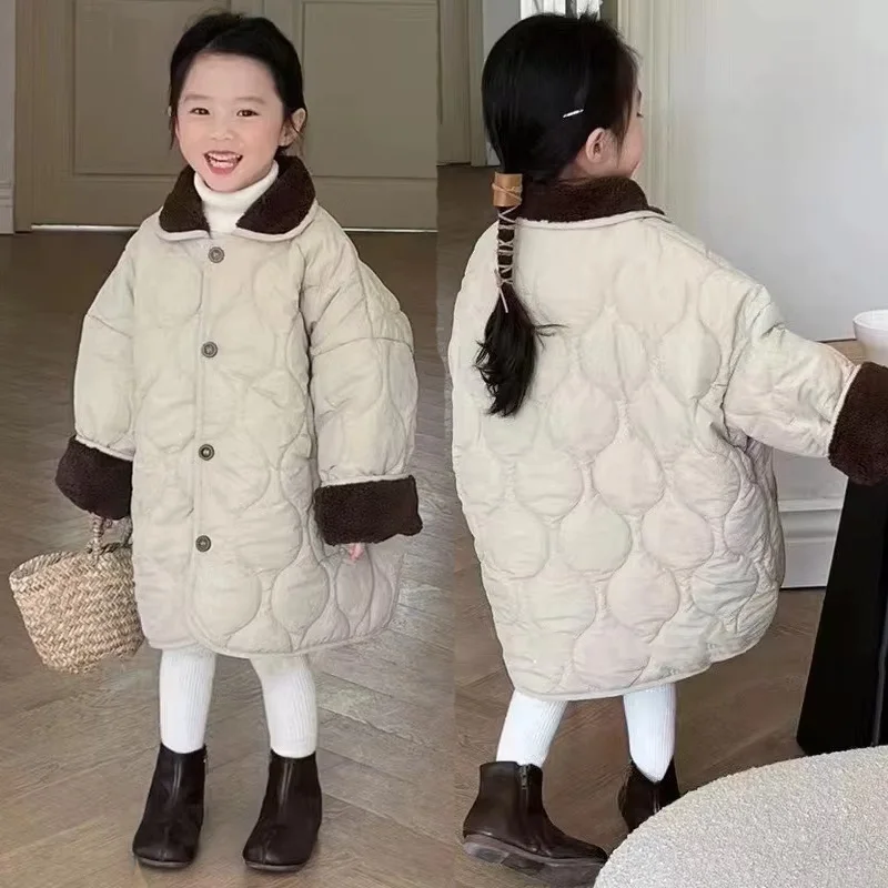 

Утепленные пальто для девочек, детские стеганые куртки средней длины, детская отложная зимняя теплая хлопковая одежда, новая детская модная верхняя одежда
