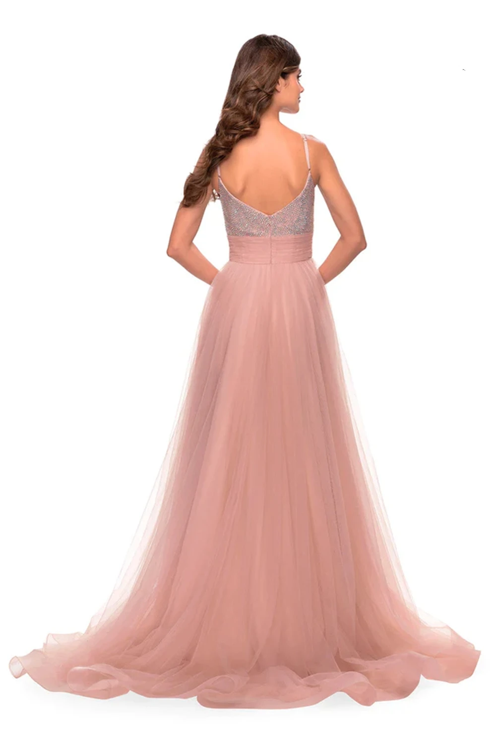 Tulle Pleated Sleeveless V Neck Italian Straps Evening Women's Formal Occasion A Line Prom Dresses with Diamond Floor Length