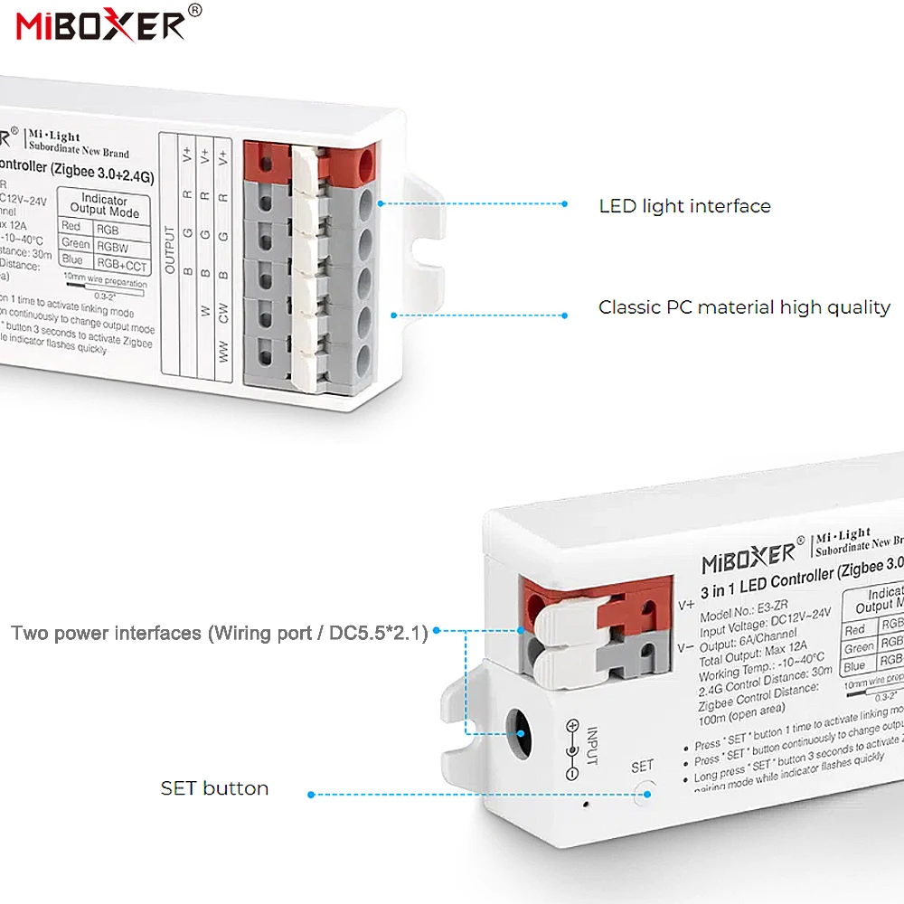 Miboxer DC12-24V E2-RF 2w1 E3-RF 3w1 2.4GHzRF Pilot zdalnego sterowania Kontroler LED Pojedynczy/dwukolorowy ściemniacz taśm LED RGB RGBW RGBCCT