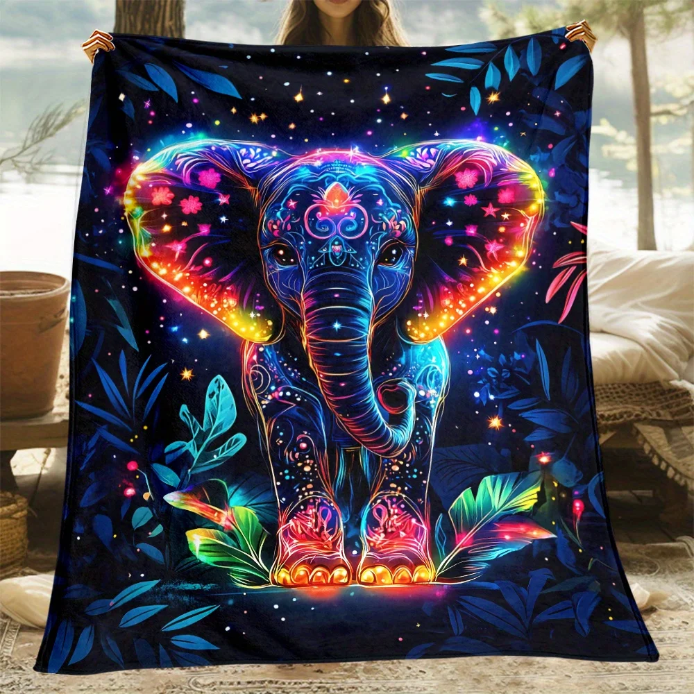 Magical Elephant Colorful Jungle Art Throw Blanket Vibrant Neon Starry Night Soft Warm Decor For Sofa Bed Couch Lounge