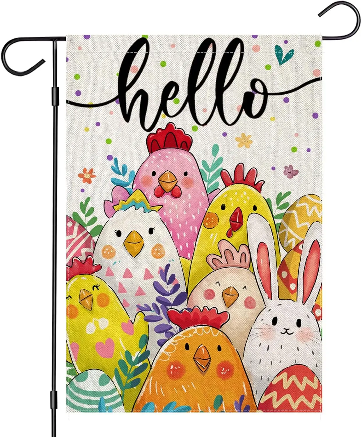 Banderas de jardín de Pascua de Hello, 12.0 x 18.0 in, doble cara, huevos coloridos de pollo y conejito, pequeña decoración estacional para vacaciones