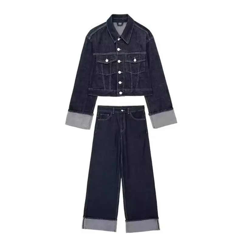 CYL-طقم سترة نسائية عتيقة من قماش الدنيم بأكمام طويلة وسترة طية صدر السترة مع جينز عالي الخصر وواسع الساق مكون من قطعتين #1