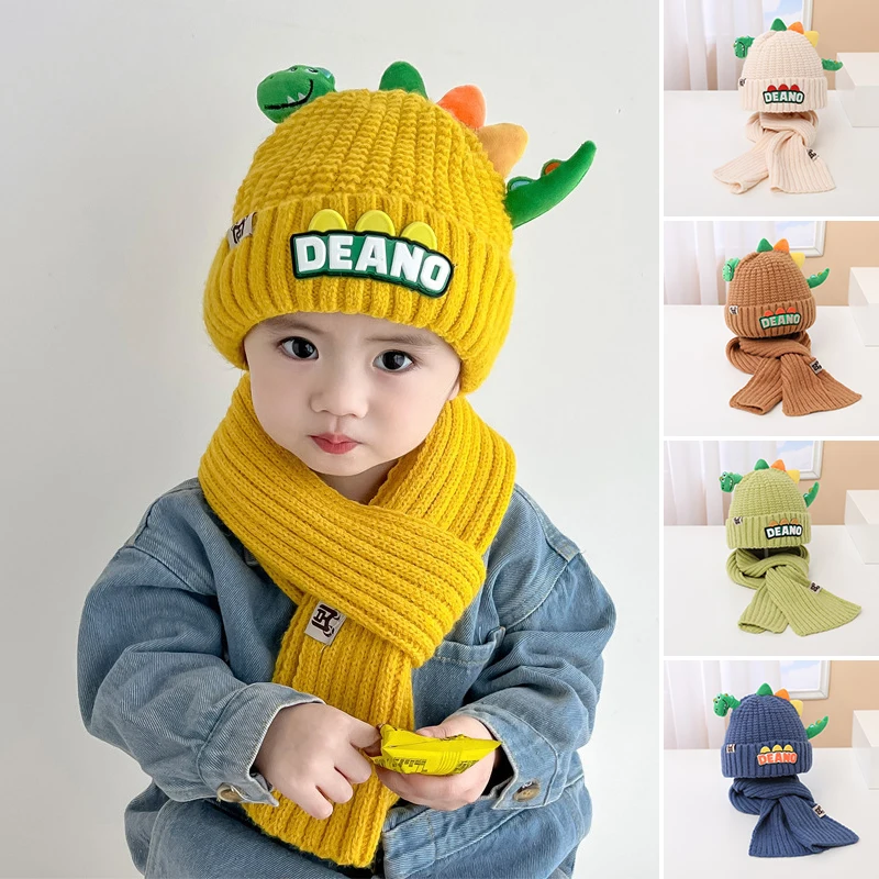 

Children Hat Scarf Two-Piece Set Cute Little Dinosaur Knitted Wool Cap Winter Warm Kids Neckerchief 1-7year Boy Girl Baby Beanie