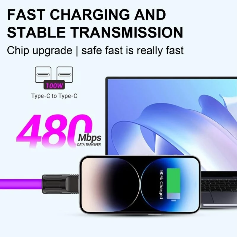 Fashionable 2 in 1 Phones Lanyard Data Cable Line 100W Charging Cord Type C 480Mbps Data Sync Wire Line 1.2m Length best sale