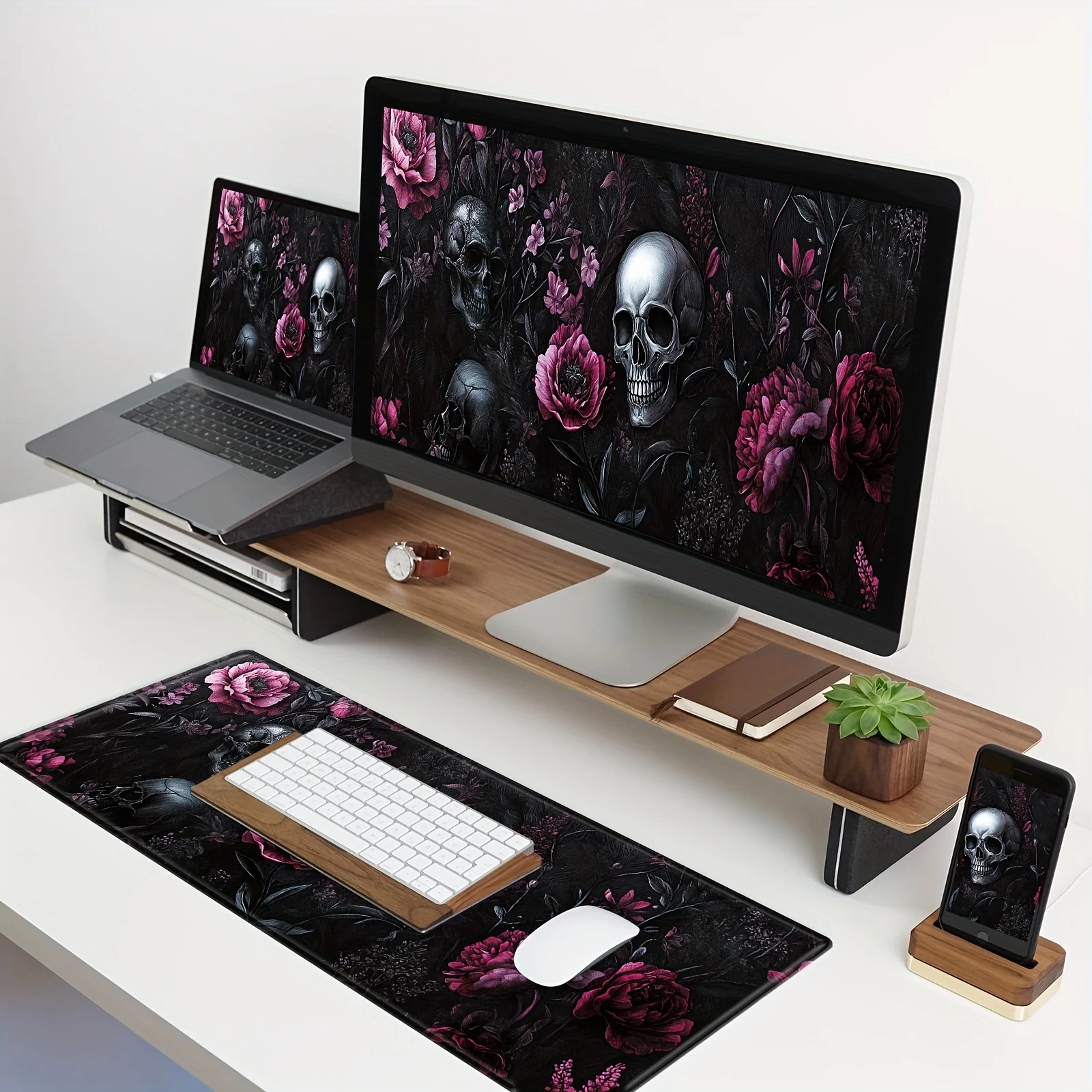 Gaming Mouse Pad with Skull and Floral Design - High Elasticity Washable Rubber Material, Sewn Edges, Extended Desk Mat