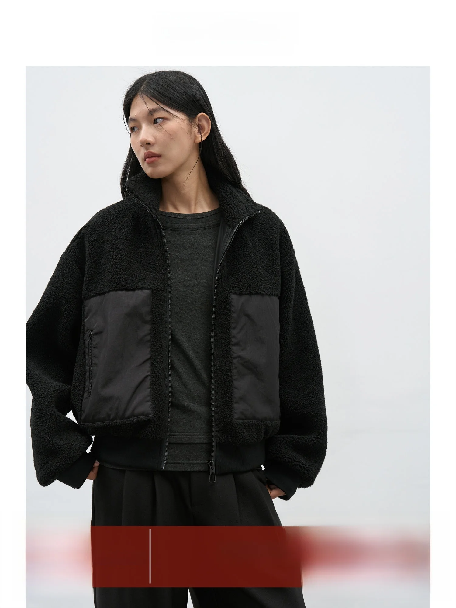 

EIGHTHMONTH Lamb Fur Jaet Women's Casual Loose Sle Splicing Design Warmth Long Sve Zipper Closure ort Coat