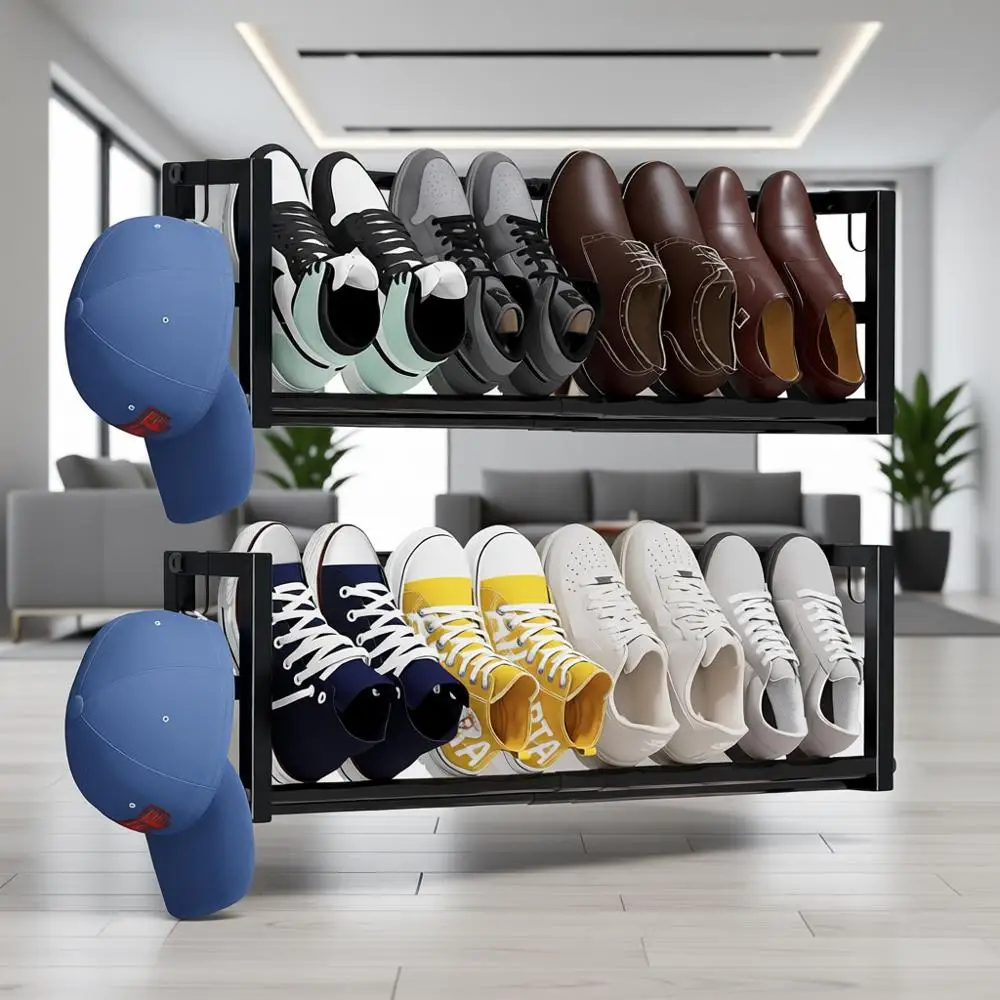 

Регулируемая настенная полка для обуви для небольших помещений, вмещает 8 пар, 17-30 см, 4 крючка, черная