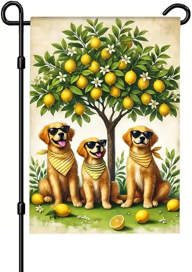 1PC 2D Flat Summer Garden Flag with Three Golden Retriever Dogs Wearing Sunglasses Lemon Tree Background Lemon Fruits Yellow PPM