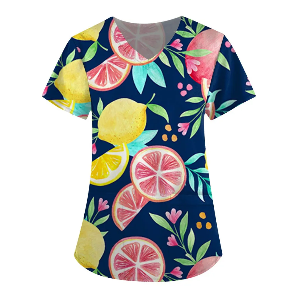 Fruit Plus Size V-Neck Tops Pockets Women Working Uniform Nurse Apple Banana Lemon Print Femme Blouse Medical Uniforms Shirts