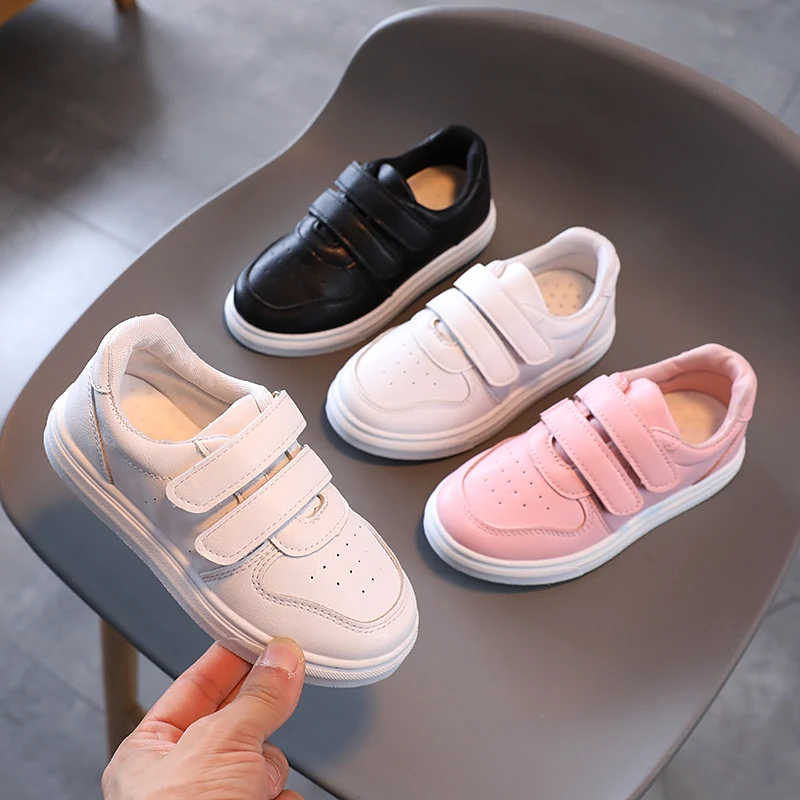 Pure White Girls Simple Children Sneakers 2023 New Non-slip Boys School Shoes Spring Double Hook & Loop Kids Fashion Casual Shoe