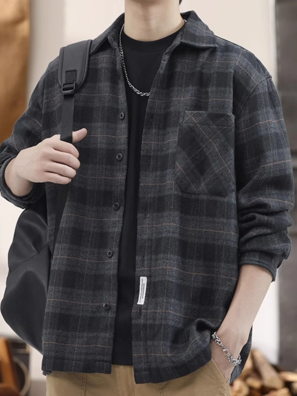

Men's Plaid Flannel irt Jaet Thiened Fce Autumn Winter Loose Fit Casual Sle Youthful Trend Breathable Long Sve