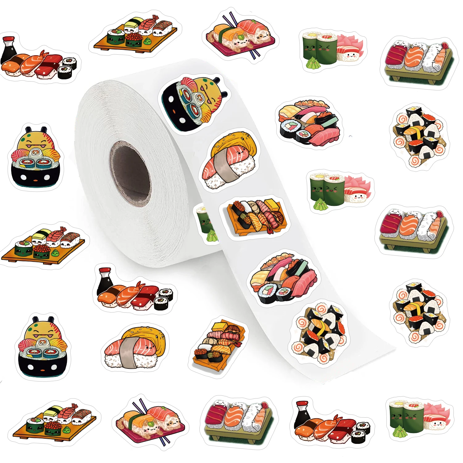 500 pegatinas de grafiti de dibujos animados de comida de sushi, rollo de calcomanías estéticas autoadhesivas para álbumes de recortes, sobres hechos a mano, suministros para fiestas