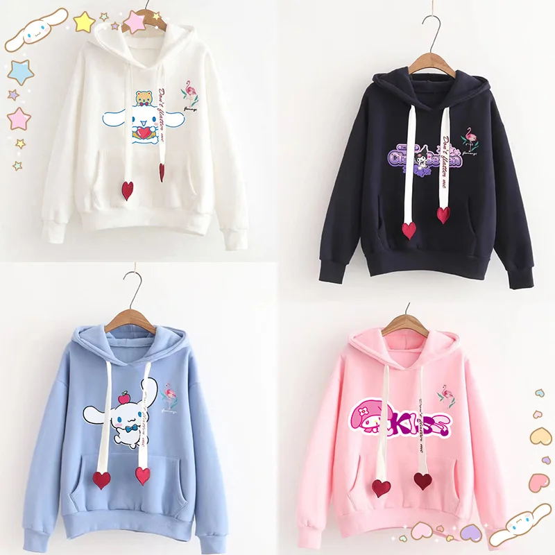 Sanrio Cute Cartoon Kuromi My Melody Cinnamoroll Women\'s New Hoodies Sweatshirts Velvet Thickened Loose Casual Tops Gift