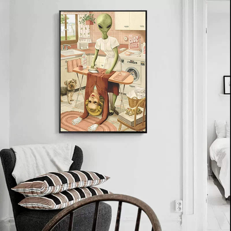 Funny Alien Do Laundry Poster Canvas Painting Laundry Day Wall Art For Washing Drying Room Home Decoration Picture