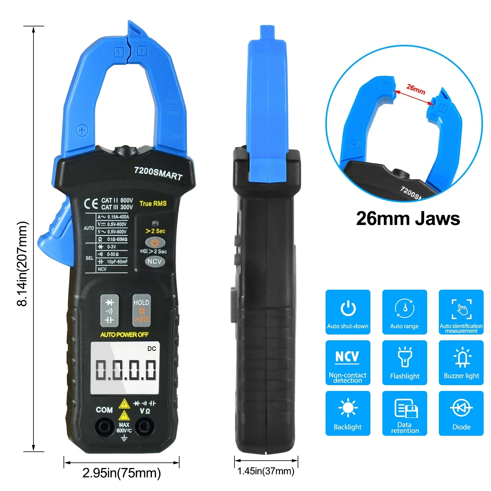 Holdpeak Clamp Meter HP-7200smart AC Amp Clamp Current Meter TRMS 6000 Counts Auto-Ranging