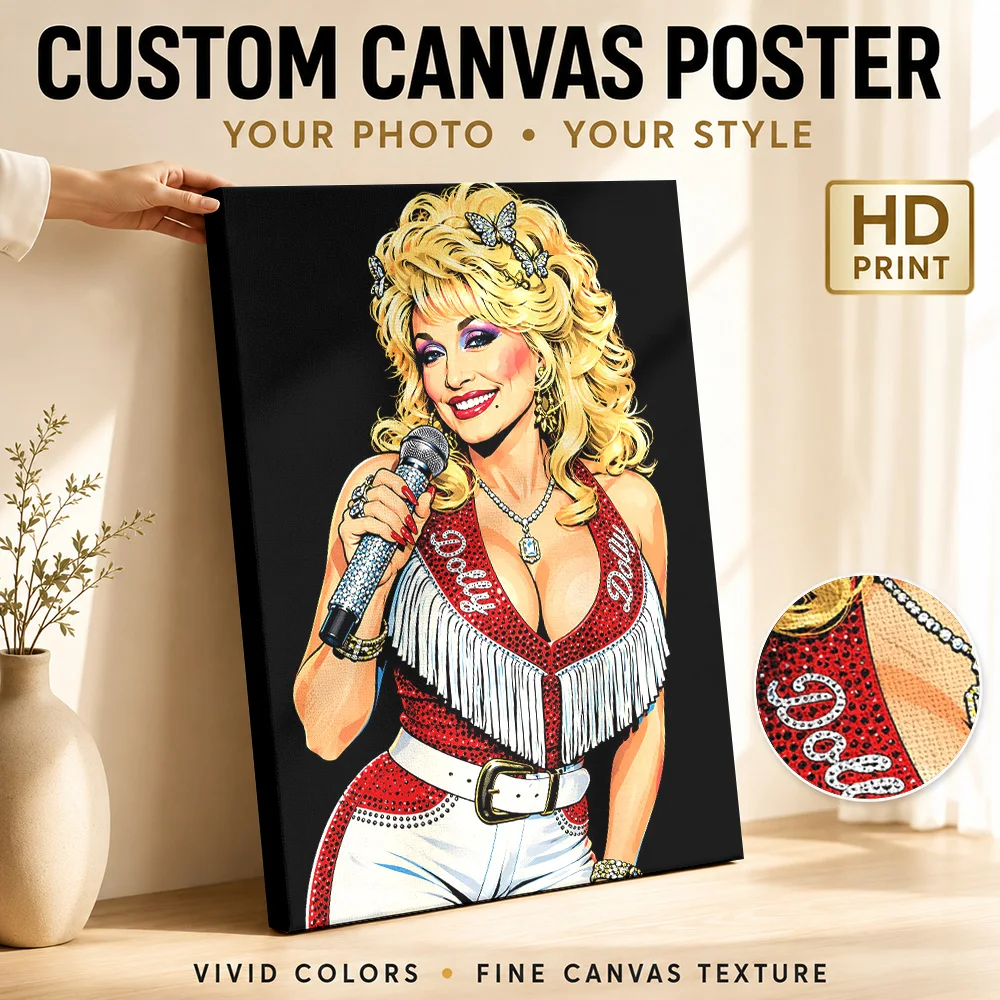 Dolly Parton Singing Into Microphone Framed Canvas Poster Personalized Photo Comic Book Shading Wall Art For Farmhouse Kitchen