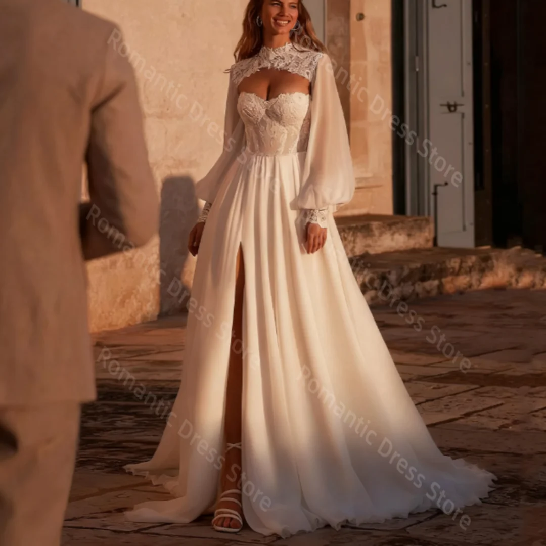 Romantische op maat gemaakte lieverd trouwjurk a-lijn lange mouwen rechter trein kant applique tule bruidjurk vestido de noiva