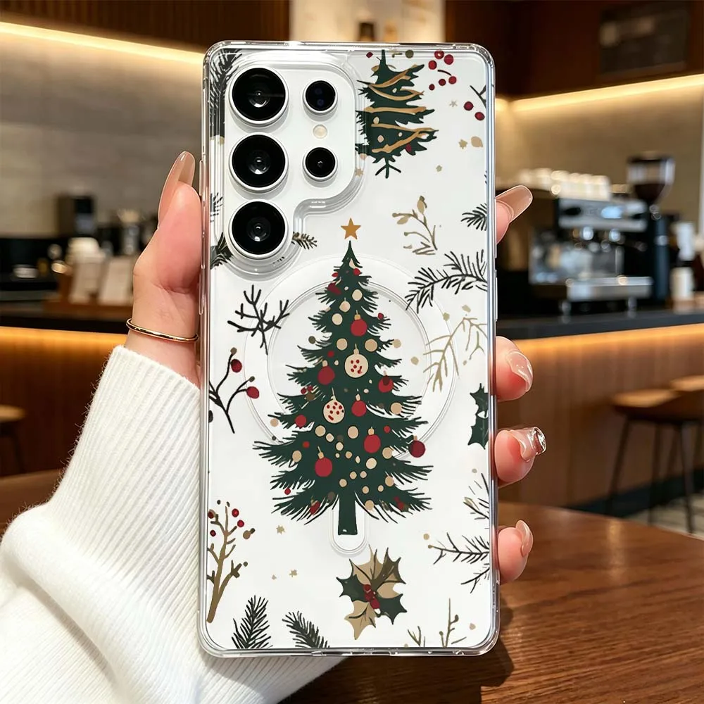 Christmas Tree Pattern Phone Case For Samsung Galaxy S26 S25 S24 S23 S22 Ultra FE Plus A56 Transparent Magnetic Cover