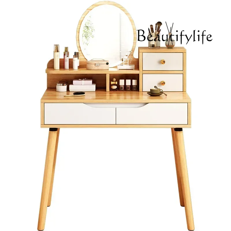 

R Vanity Desk Makeup Table Dressing Table With 2 Drawer Chest, Makeup Dressing Table Stool Wooden Vanity Set Round Mirror Drawer
