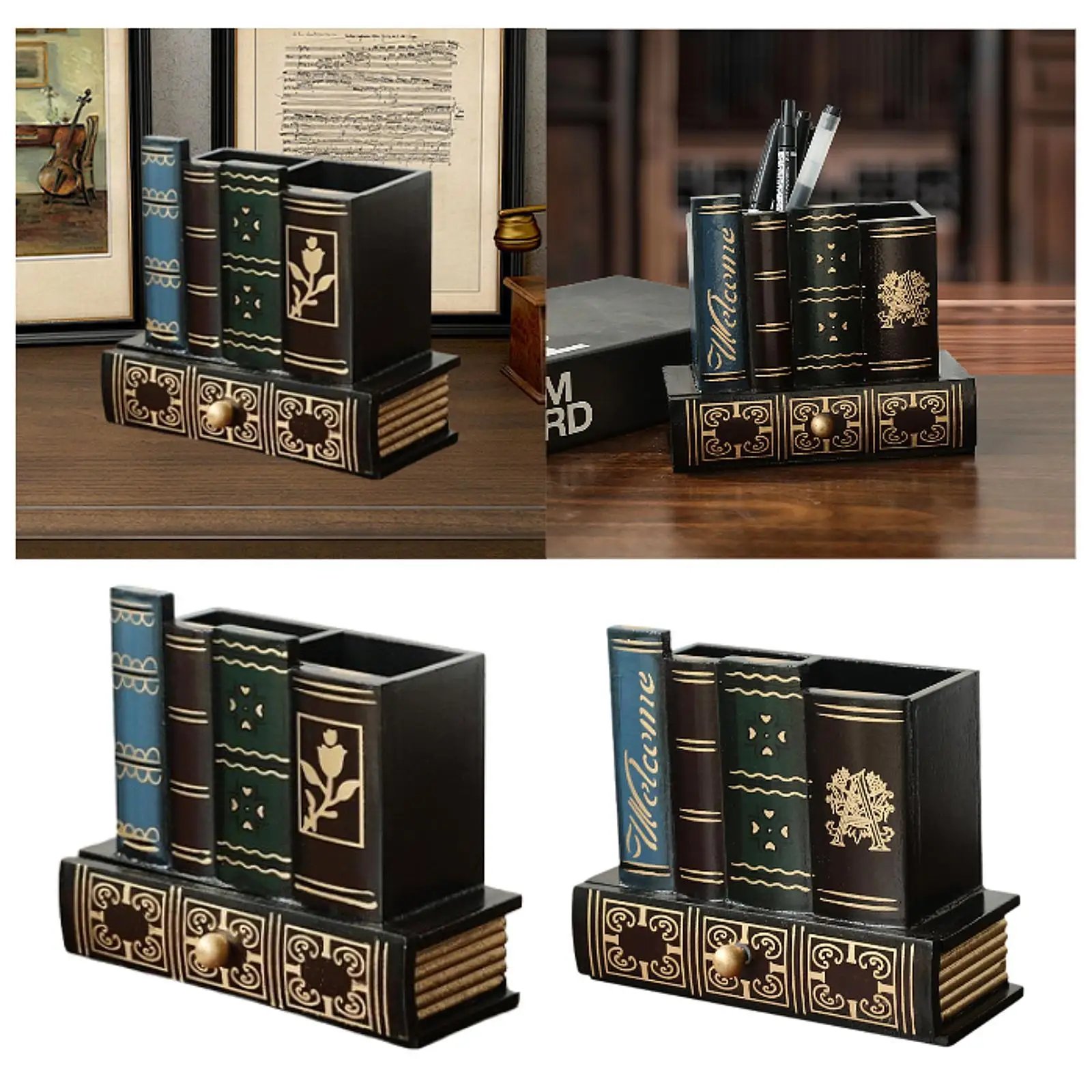 

Винтажный декоративный держатель для ручек с ящиком, искусственный книжный орнамент, контейнер для хранения для спальни, офиса, учебы, столешницы