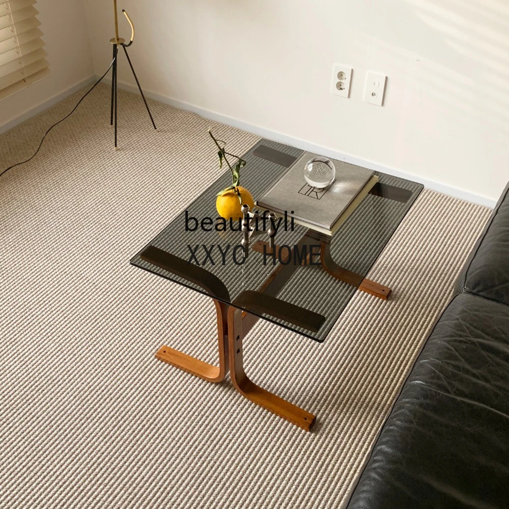 Living Room Sofa Side Table Simple Amber-Yellow Glass Coffee Table Bay Window Table Small