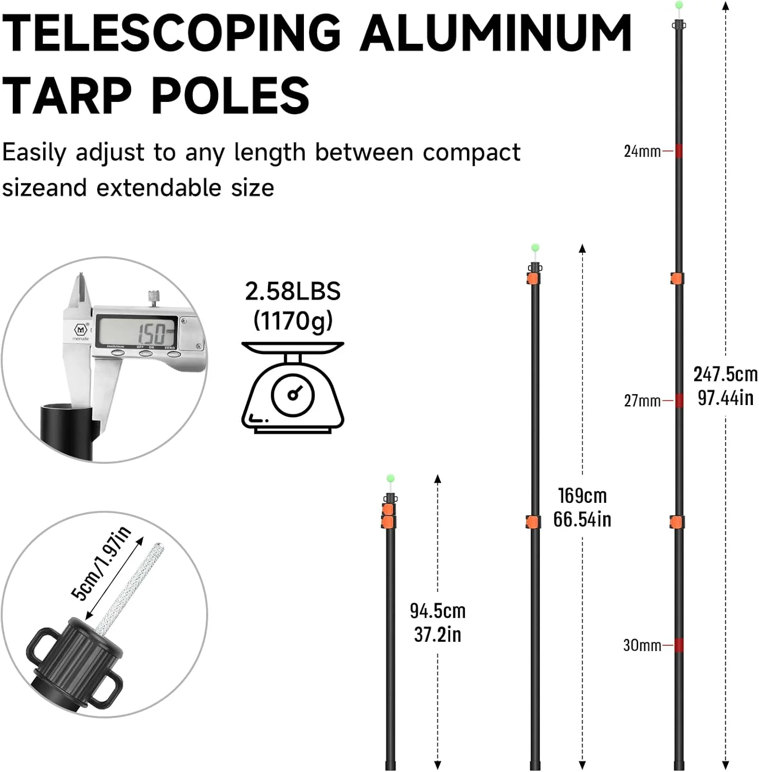 SANLIKE Tarp Poles Heavy Duty Telescoping 97" Adjustable Aviation Aluminum Canopy Rods Lengthen Thicken with Protection Cap Port view 2