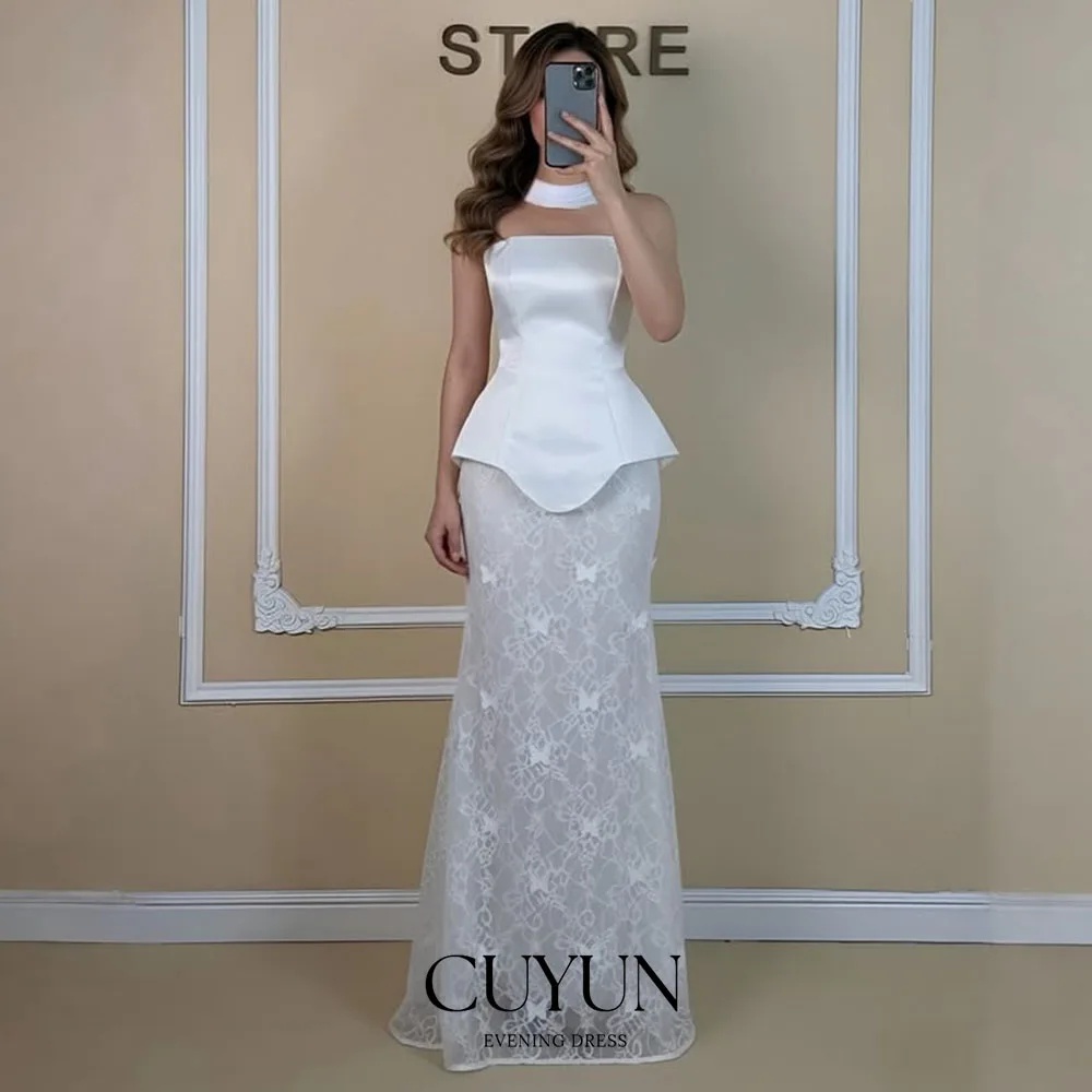 

CUYUN Strapless Satin and Lace Wedding Party Dresses for Bride Customized A Line Sleeveless Elegant Evening Gown Women Prom Gown