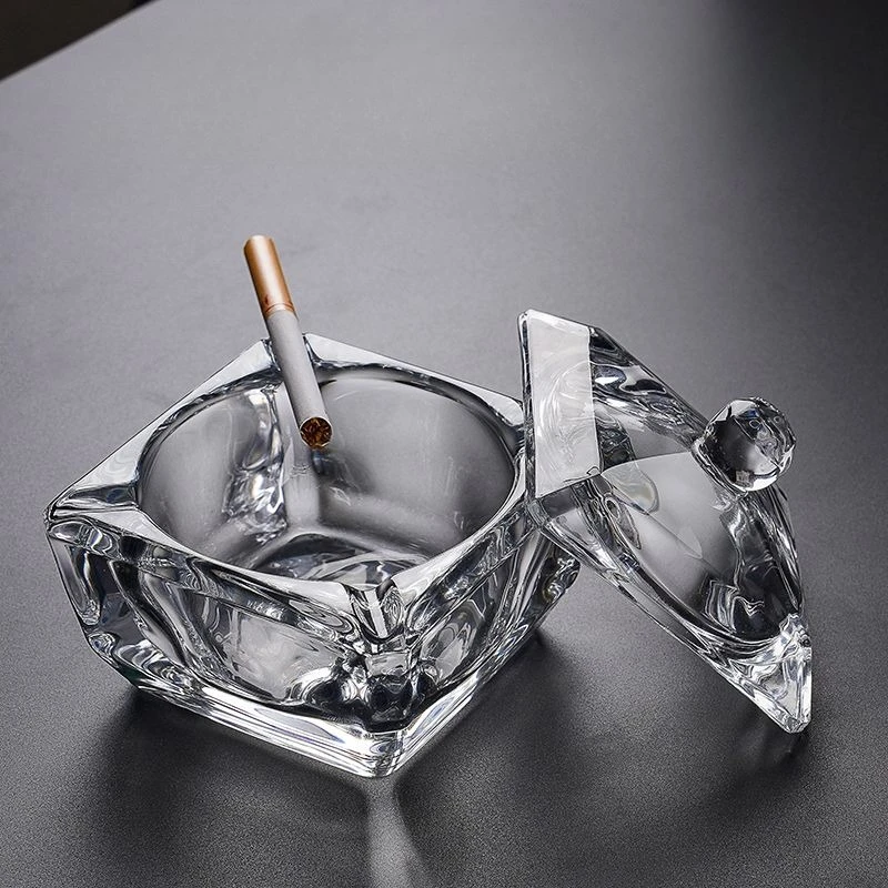 

Creative Crystal Glass Advanced Anti-fly with Cover Ashtray, Windproof Living Room Home Office Personalized Covered Ashtray