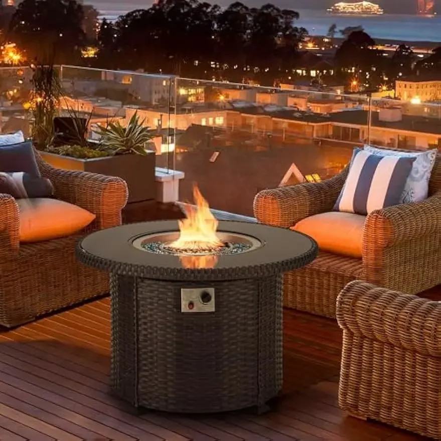 38.1'' Round Propane Fire Pit Table, Outdoor Gas Fire Pit Table 50,000 BTU CSA Certified Patio Wicker Fire Table