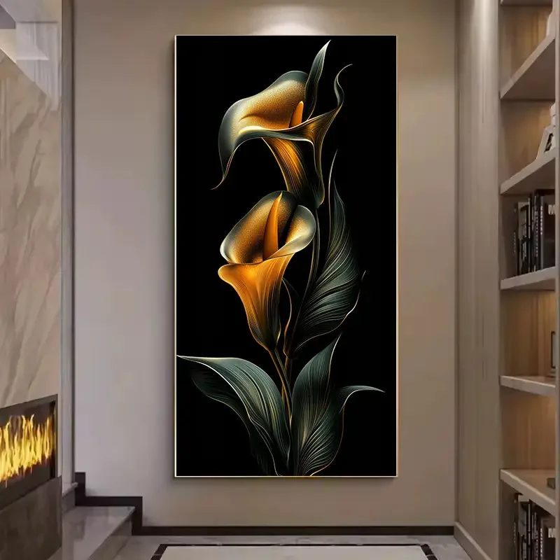 1 قطعة 27.56x55.12in فرملس الحديثة مجردة الذهبي زنابق الكالا قماش جدار الفن-خلفية سوداء مع الأصفر الذهبي والداكن Bro