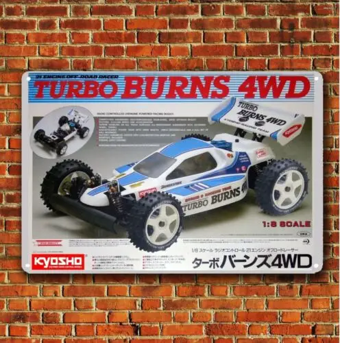 Metallposter, Vintage-Stil, RC-Auto, Wanddekoration, Blechschild, Plakette, Kyosho Turbo Burns Buggy – Aluminium
