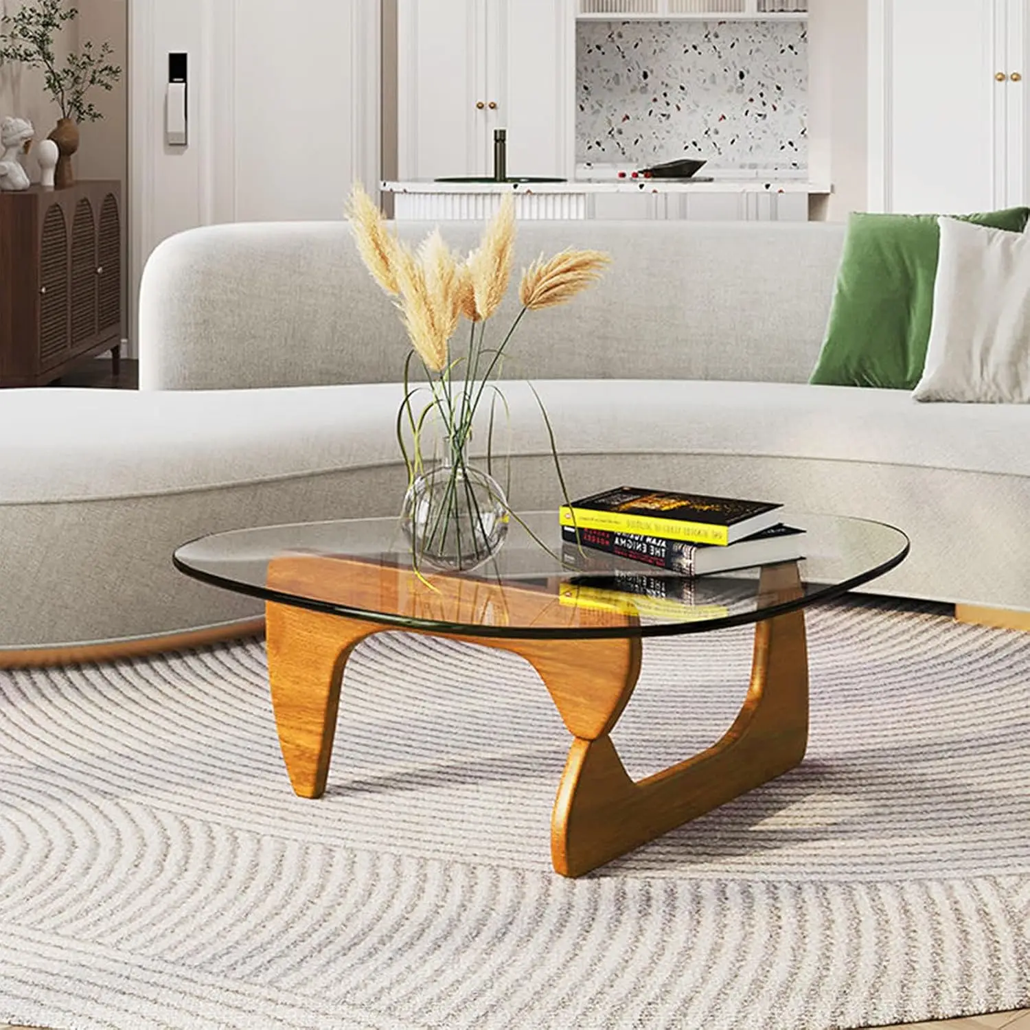 Coffee Table with Wooden Base Clear Glass Top Mid-Century Glass Table Abstract End Table （Medium 35.8 * 25.5 * 16in)