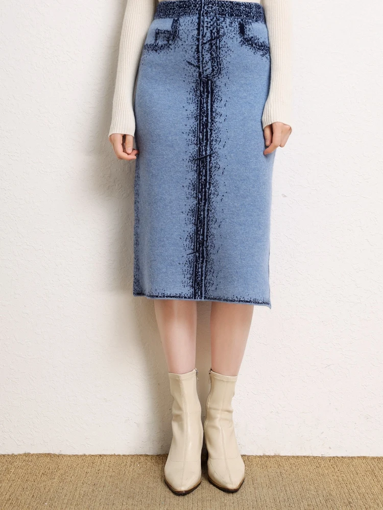 High-end Autumn Winter Women 100% Pure Cashmere  Denim skirt Soft Warm Cashmere Knitwear Female Grace Mid-Calf Dress New Fashion