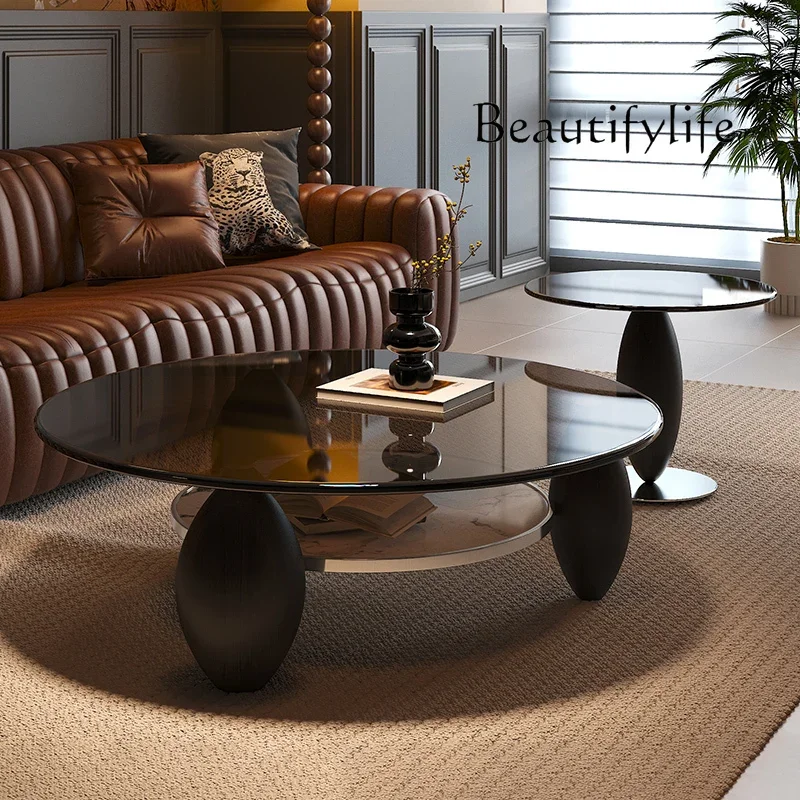 Minimal light luxury tempered glass coffee table combination sofa edge few round size coffee table