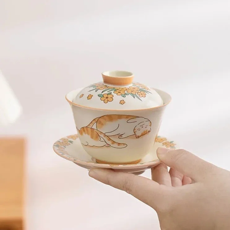 Chinese Hand-painted Cute Cat Gaiwan Handmade Ceramic Tea Tureen Teacup Household Tea Bowl Travel Portable Tea Set Accessories