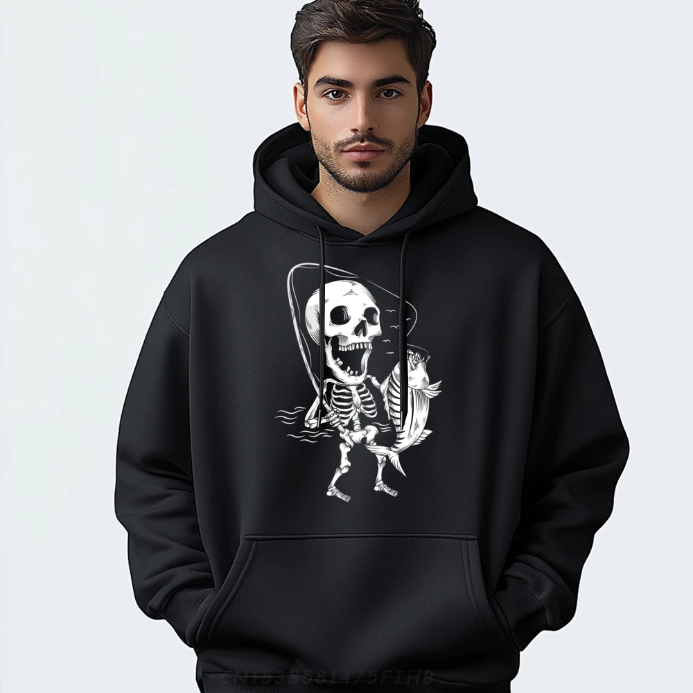 

Skeleton Fishing Lazy Halloween Costume Cool Skull Fisherman Black Hoodie Mans Sweatshirts Feminist