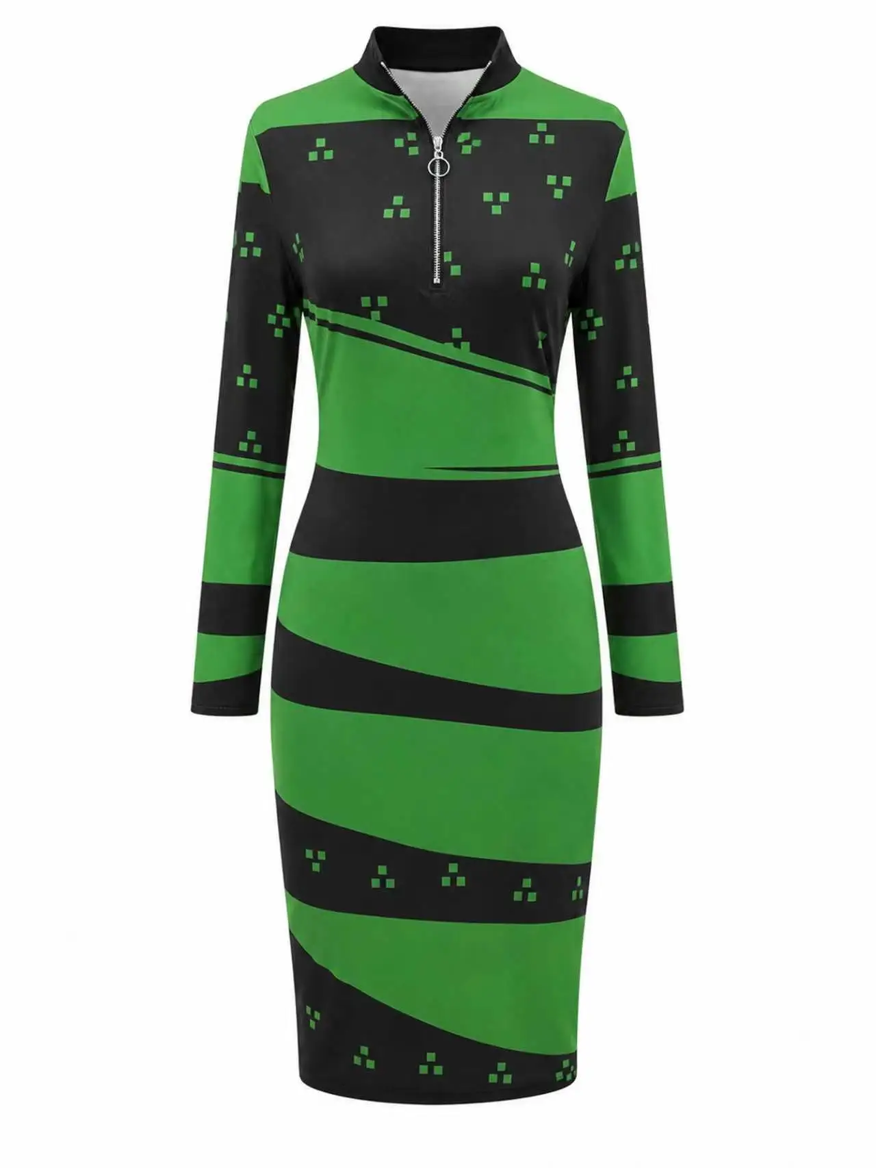 Damen Langarm Bodycon Halb-Reißverschluss vorne Geometrisches Farbblock Slim Fit Büro-Kleid in Knielänge – Detail 3
