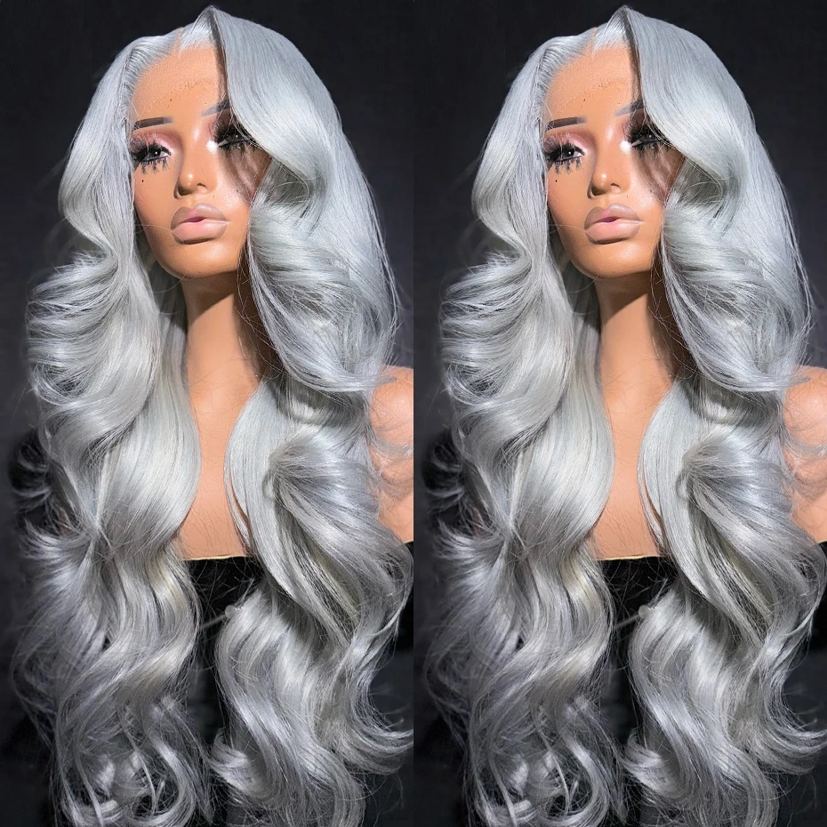 شفاف 13x6 فضي رمادي اللون الدانتيل الجبهة خصلات الشعر المستعار الإنسان طويل الجسم موجة رمادي الدانتيل الباروكة الأمامية قبل قطعها 250% 300% الكثافة #1