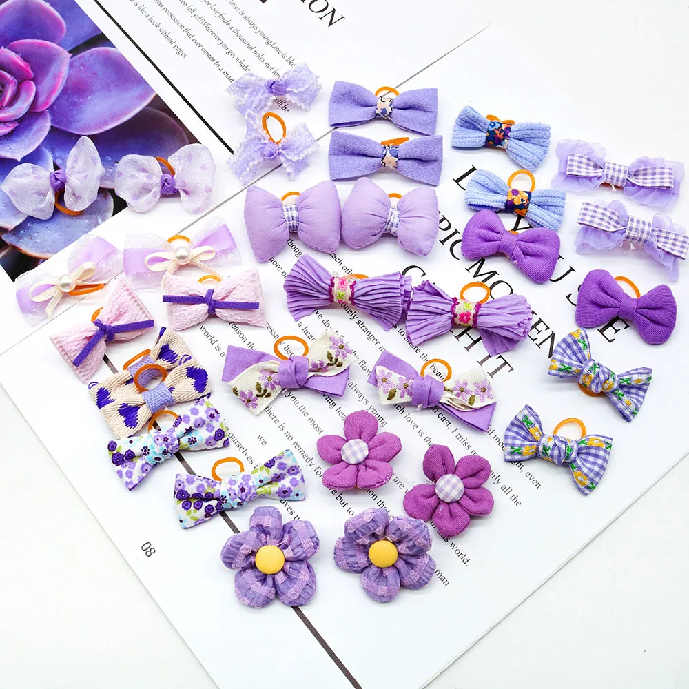 10PCS Cute Dog Bowknot Purple Style Bows Pet Dog Hair Pet Dog Flower Headware Rubber Band for Dogs Puppy Grooming Accessory