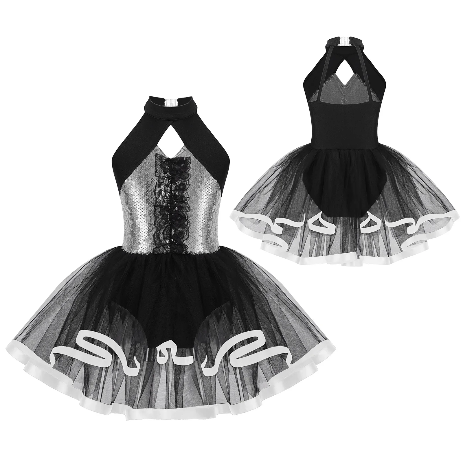 Paillettes Balletto Tutu Vestito Per Bambini Ragazze Lucido Ginnastica Body Maglia Splice Bowknot Ballerina Dancewear Bambino Rave Party Outfit