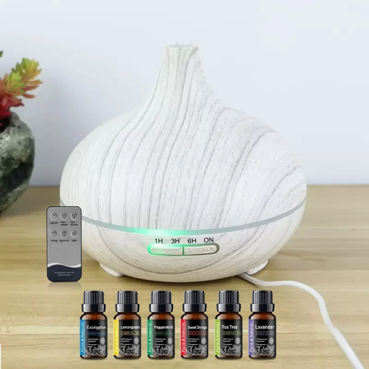 

550ml Wood Grain Essential Oil Diffuser & Ultrasonic Humidifier Remote Control, 6 Premium Oils Whisper Quiet for Bedroom, Offic