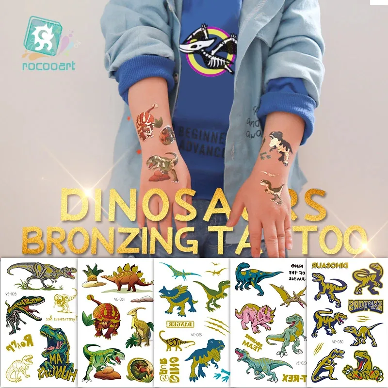 

6 листов/лот, временные татуировки для детей с мультяшным золотом, смешные животные, фальшивые татуировки для детской вечеринки, наклейки с динозаврами