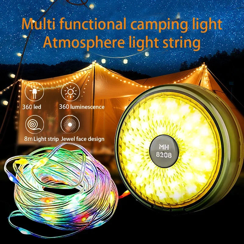 Camping String Lights,26Ft Light with Lanterns (2 in 1 Design),Camping Lights 1500mAh,IPX6 Waterproof,Rechargeable Flashlights