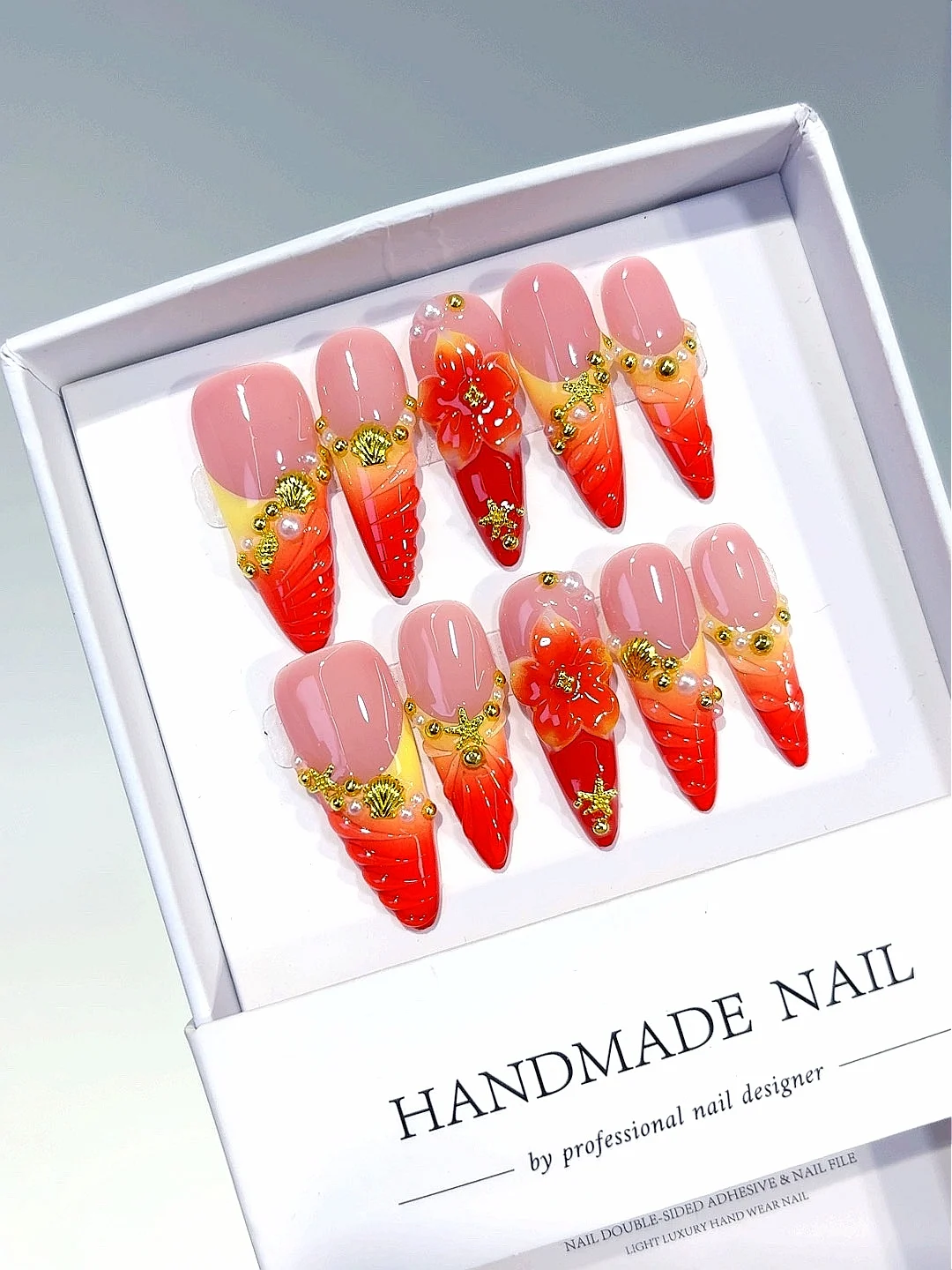 أحمر برتقالي أومبير ثلاثية الأبعاد زهرة نجم البحر شل الذهب لهجة اللوز الصحافة على الأظافر ، مجموعة الأظافر كاذبة اليدوية للنساء (D573)