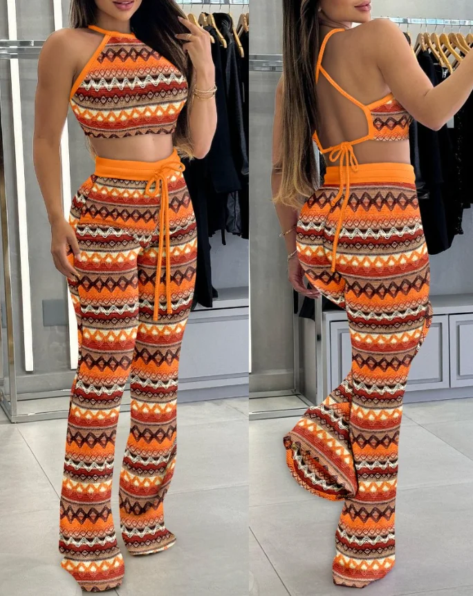 

Two Piece Set Women Outfit 2025 Summer New Striped Print Halter Tied Detail Sleeveless Crop Knit Top & Casual Slim Fit Pants Set