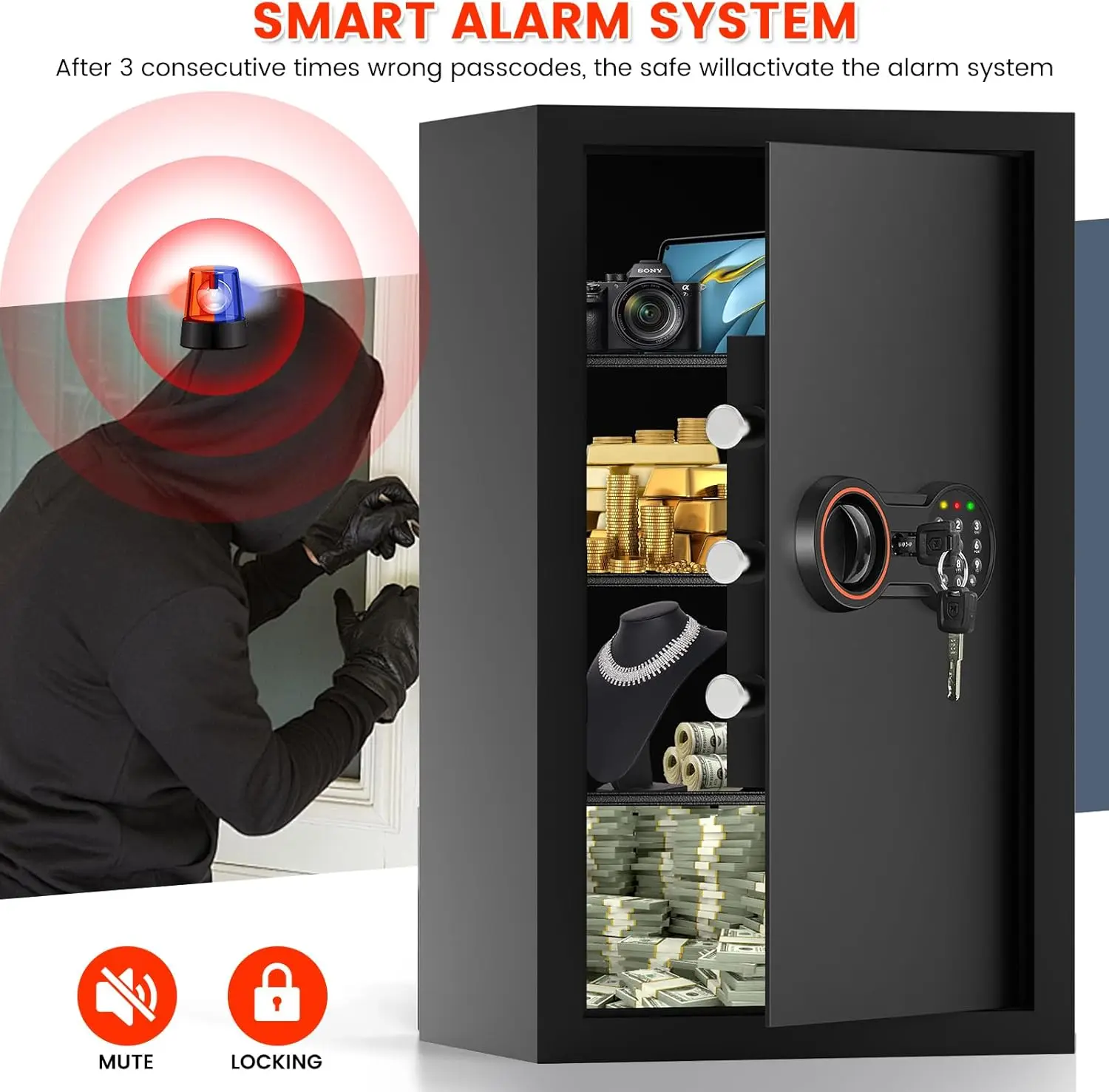 6.0 Cub Large Home Safe, Digital Security Safe Box with Combination Lock, Removable Shelf and Alarm System, Anti-Theft Document