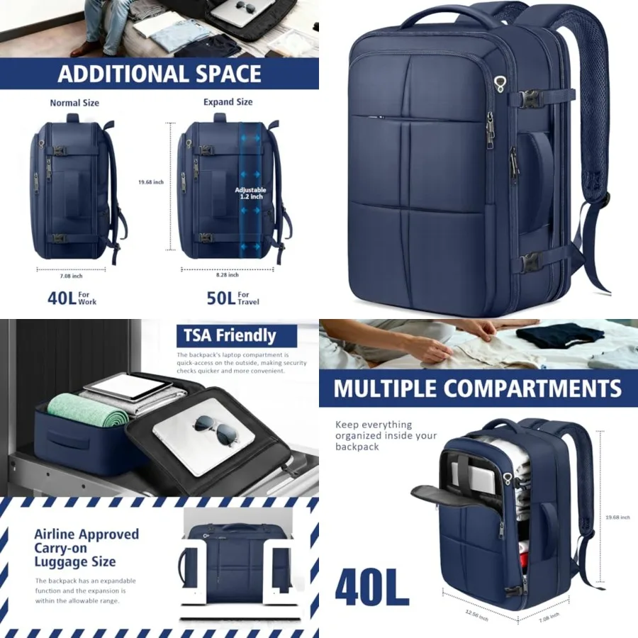

Extra Large 50L Flight Approved Carry on Backpack, Expandable Waterproof Business Suitcase Daypack Big Bag Fits 18.4 Inch Lapto