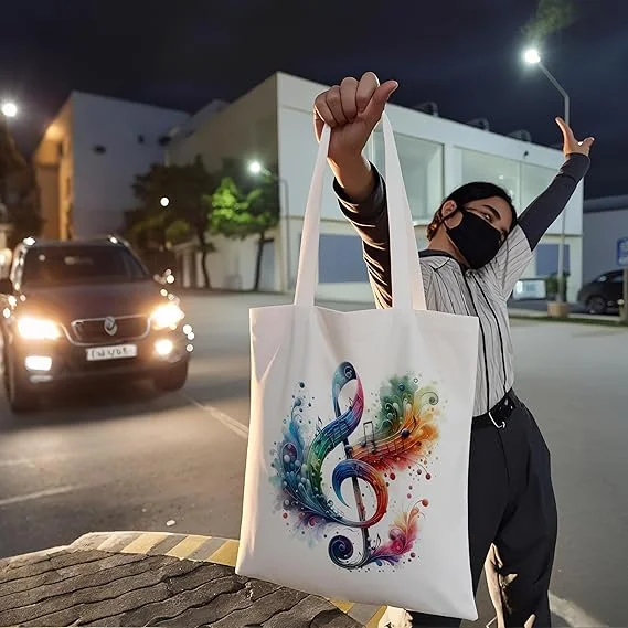 Cute Watercolor Music Note Tote Bag Versatile Canvas Shoulder Bag for College Students Casual Reusable Shopping Handbag Stylish